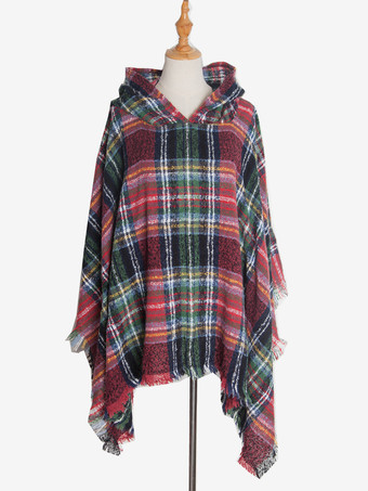 ワインレッド レディース ポンチョ チェック柄 フード付き キャメル ケープ