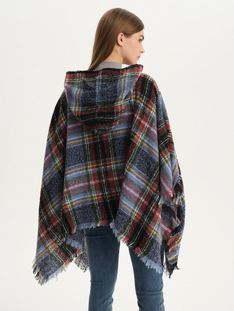 レディース ポンチョ チェック柄 フード付き キャメル ケープ