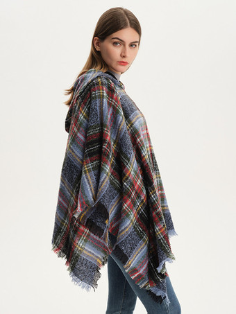 レディース ポンチョ チェック柄 フード付き キャメル ケープ