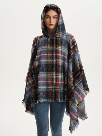 ブルー レディース ポンチョ チェック柄 フード付き キャメル ケープ
