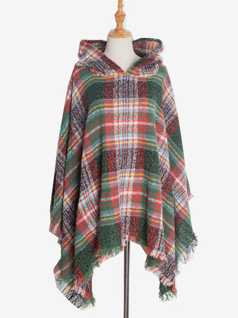 グリーン レディース ポンチョ チェック柄 フード付き キャメル ケープ