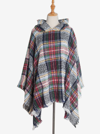 ホワイト レディース ポンチョ チェック柄 フード付き キャメル ケープ