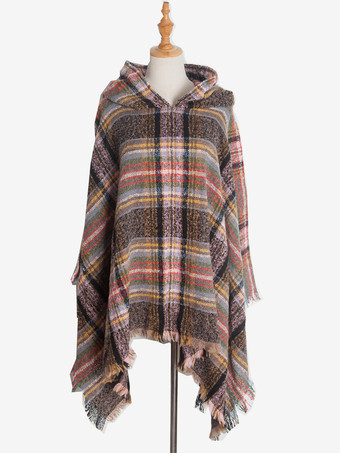 ブラウン レディース ポンチョ チェック柄 フード付き キャメル ケープ