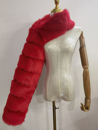 レッド フェイクファーコート ブラック ウエストラインなし アシンメトリー レディースコート