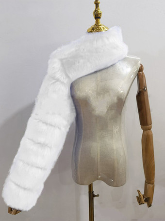 ホワイト フェイクファーコート ブラック ウエストラインなし アシンメトリー レディースコート