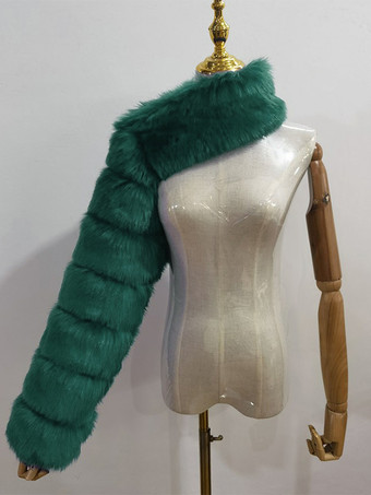 ダークグリーンフェイクファーコート ブラック ウエストラインなし アシンメトリー レディースコート