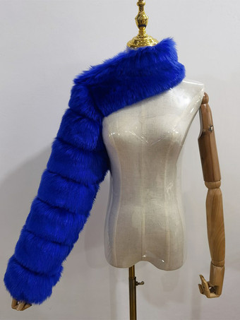 ロイヤルブルーフェイクファーコート ブラック ウエストラインなし アシンメトリー レディースコート