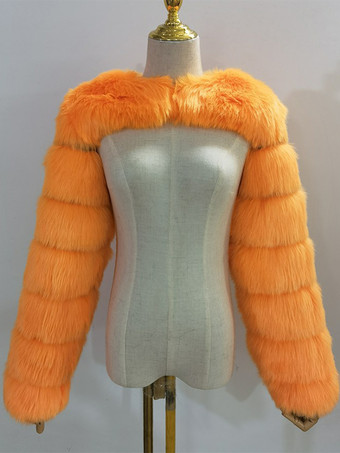 オレンジ フェイクファーの長袖、環境に優しいホワイトのクロップド丈アウターウェア、レディース 2025