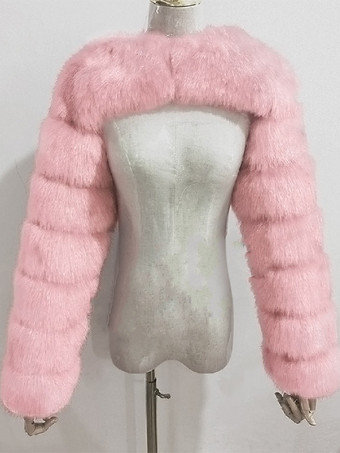 ソフトピンクフェイクファーの長袖、環境に優しいホワイトのクロップド丈アウターウェア、レディース 2025