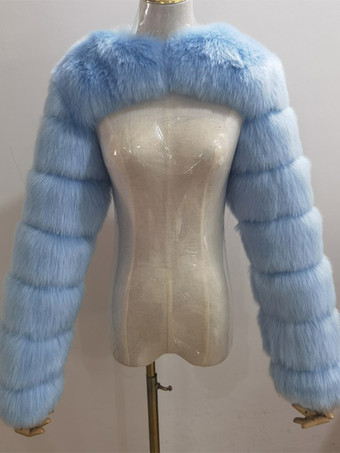 ライトスカイブルーフェイクファーの長袖、環境に優しいホワイトのクロップド丈アウターウェア、レディース 2025