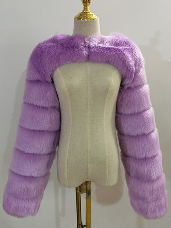 ライラックカラーフェイクファーの長袖、環境に優しいホワイトのクロップド丈アウターウェア、レディース 2025
