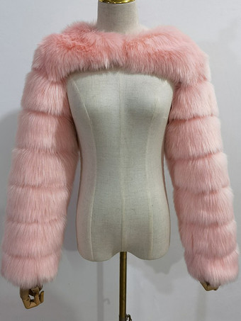 ピンクフェイクファーの長袖、環境に優しいホワイトのクロップド丈アウターウェア、レディース 2025