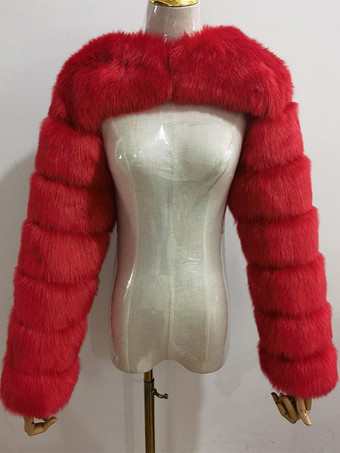 レッド フェイクファーの長袖、環境に優しいホワイトのクロップド丈アウターウェア、レディース 2025