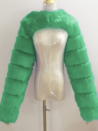 グリーン フェイクファーの長袖、環境に優しいホワイトのクロップド丈アウターウェア、レディース 2025