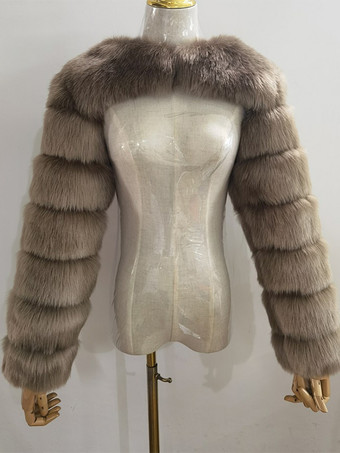 ライトブラウンフェイクファーの長袖、環境に優しいホワイトのクロップド丈アウターウェア、レディース 2025