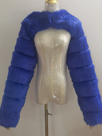 ブルー フェイクファーの長袖、環境に優しいホワイトのクロップド丈アウターウェア、レディース 2025