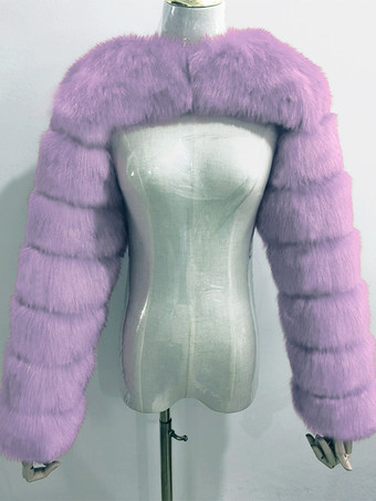 ラベンダーフェイクファーの長袖、環境に優しいホワイトのクロップド丈アウターウェア、レディース 2025