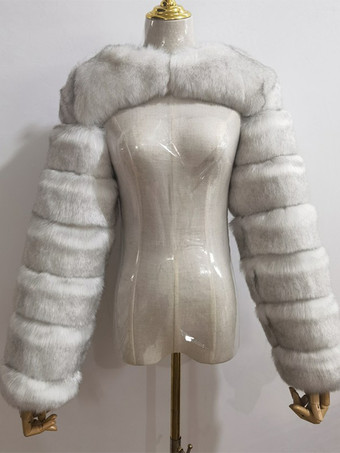 シルバー フェイクファーの長袖、環境に優しいホワイトのクロップド丈アウターウェア、レディース 2025