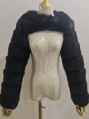 ブラック フェイクファーの長袖、環境に優しいホワイトのクロップド丈アウターウェア、レディース 2025