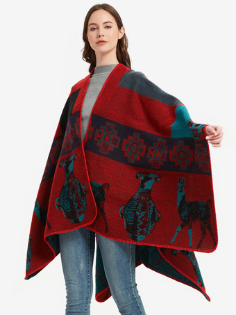 レッド レディース ポンチョ チェック柄 Vネック レッド ケープ