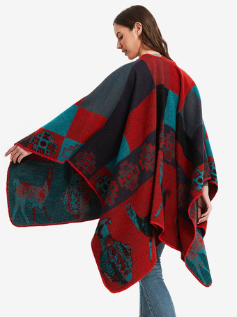 レディース ポンチョ チェック柄 Vネック レッド ケープ