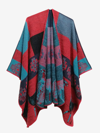 レディース ポンチョ チェック柄 Vネック レッド ケープ