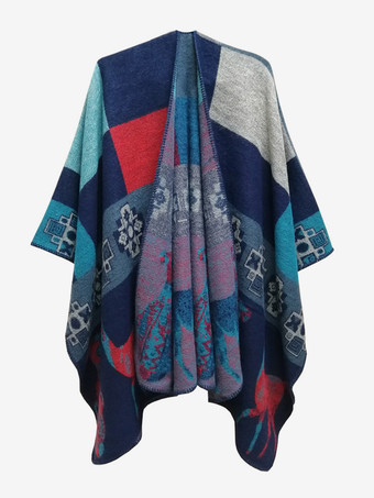 ブルー レディース ポンチョ チェック柄 Vネック レッド ケープ