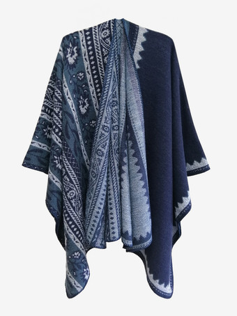 ダークネイビーレディース ポンチョ チェック柄 Vネック レッド ケープ