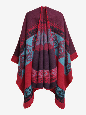 ワインレッド レディース ポンチョ チェック柄 Vネック レッド ケープ