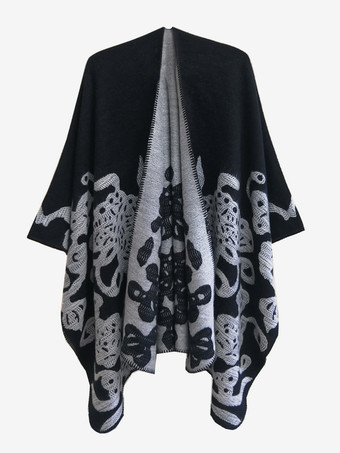 ブラック レディース ポンチョ チェック柄 Vネック レッド ケープ