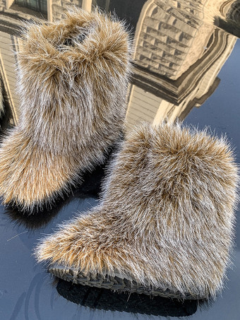 フェイクファー アンクルブーツ ヒョウ柄 ラウンドトゥ 冬用ブーツ