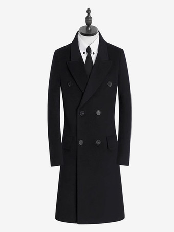 ブラック メンズ冬用ウールコートミドル丈ダブルブレストスーツ