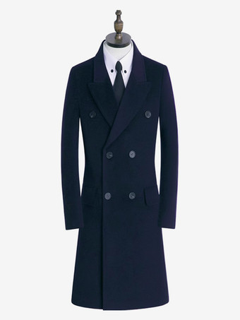 ディープブルーメンズ冬用ウールコートミドル丈ダブルブレストスーツ