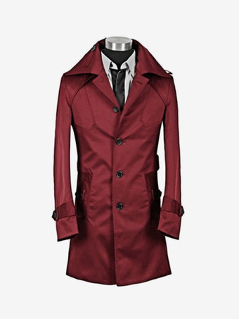 ワインレッド シンプルなミドル丈ウィンドブレーカー メンズビジネスコート スリムブリティッシュコート