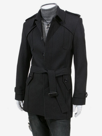 ブラック メンズ ウールコート 長袖 ベルトコート