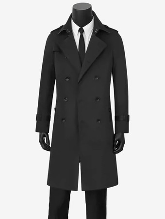 ブラック メンズダブルブレストコート ミドル丈スリムコート ブリティッシュスタイル ウィンドブレーカー