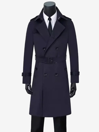 ディープブルーメンズダブルブレストコート ミドル丈スリムコート ブリティッシュスタイル ウィンドブレーカー