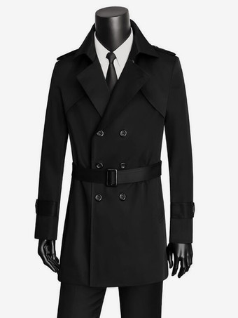 ブラック メンズ ダブルブレストコート スリムフィットコート ブリティッシュ ウィンドブレーカー