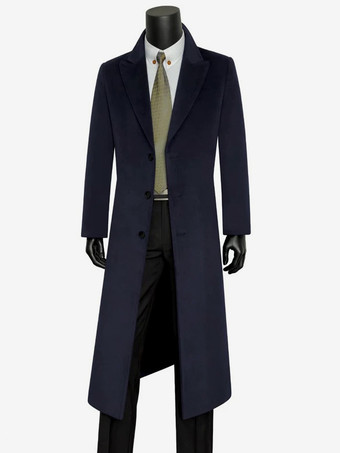 Deep Blue Men's Wool Coat Long-Sleeved Knee-Length Business Double-Sided Warm Single-Breasted Overcoat