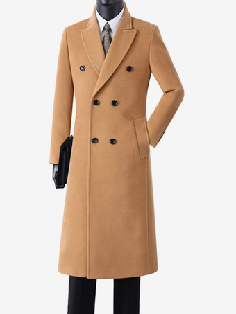 ラクダ色 メンズ ウールコート ミドル丈 ダブルブレスト ロングライン ピーコート
