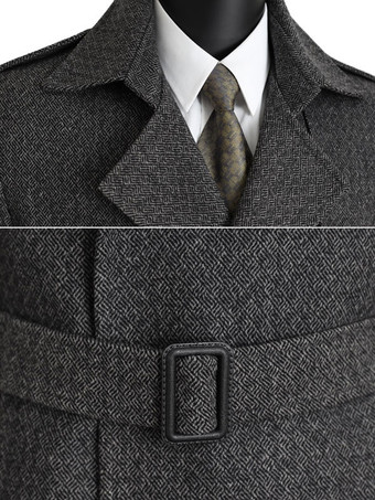 メンズスーツコート ダブルブレスト ベルト付き ノッチドラペルカラー グレー ウールコート