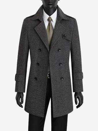 メンズスーツコート ダブルブレスト ベルト付き ノッチドラペルカラー グレー ウールコート