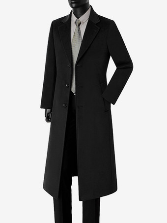 ブラック メンズ ロングスーツコート ターンダウンカラー スリムフィット 長袖 シングルブレスト オーバーコート