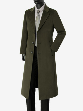 グリーン メンズ ロングスーツコート ターンダウンカラー スリムフィット 長袖 シングルブレスト オーバーコート