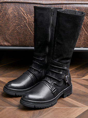 ブラック メンズニーハイブーツ 牛革 クラシックコーヒーブラウン ナイトブーツ