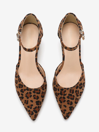 レディース チャンキーヒール パンプス レオパード ポインテッドトゥ パンプス