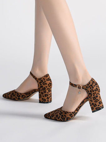 レディース チャンキーヒール パンプス レオパード ポインテッドトゥ パンプス