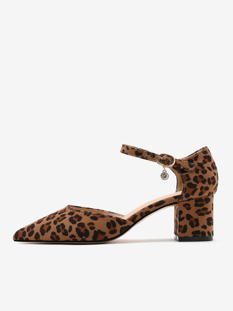 レディース チャンキーヒール パンプス レオパード ポインテッドトゥ パンプス