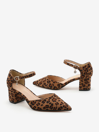 レディース チャンキーヒール パンプス レオパード ポインテッドトゥ パンプス