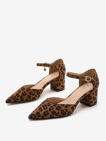 ブラウンレディース チャンキーヒール パンプス レオパード ポインテッドトゥ パンプス